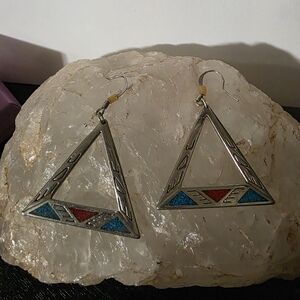 5/$20 Silver Triangle Earrings with Red and Turquoise Accents